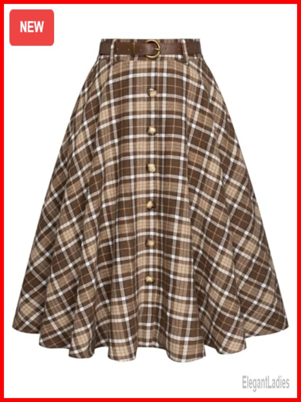 Plaid A-Line Midi Skirt Vintage Pleated Flared with Pockets & Belt Women's